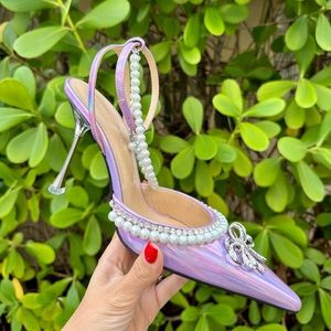 Mach & Mach Sophie Pointed Toe Crystal Embellished Pearl Bow Heel Pumps 38 Pink